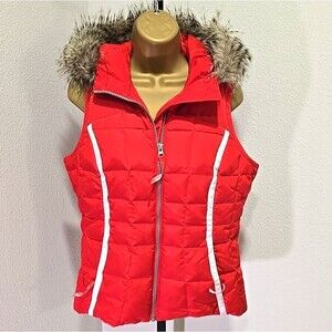 Eddie Bauer Performance Faux Fur Hooded Goose Down Puffer Vest Red Womens XS
